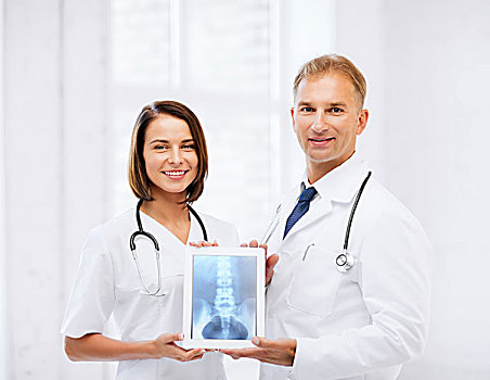 卫生保健,医疗,放射学,概念,两个,医生,展示,x光,平板电脑