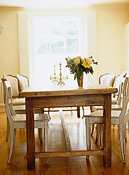 乡村,餐桌,自然,木,椅子,风格,花束