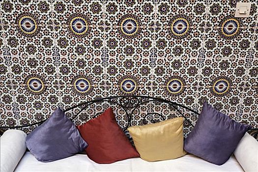沙发,色彩,垫子,正面,瓷砖墙,内庭,利雅得,玛拉喀什,摩洛哥,非洲