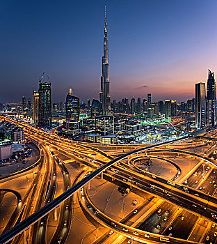 城市,迪拜,阿联酋,黄昏,哈利法,摩天大楼,光亮,公路,前景
