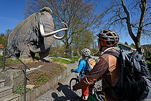 骑车,电,自行车,正面,猛犸,雕塑,靠近,区域,上巴伐利亚,巴伐利亚,德国,欧洲
