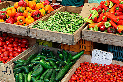 蔬菜,销售,希腊,市场货摊,秋葵,黄瓜,圣女果,犁形番茄,椒,胡椒