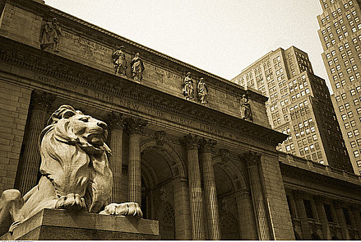 狮子,雕塑,纽约公共图书馆,纽约,美国