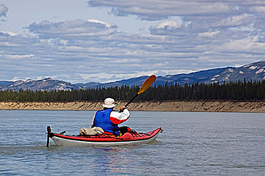 男人,划船,海洋,漂流,育空,河,靠近,湖,育空地区,加拿大