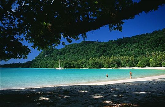 瓦努阿图,香槟,海滩,两个女人,游艇,水中