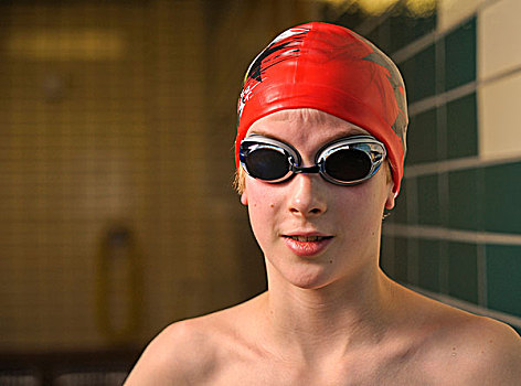 男孩,游泳者,13岁,泳帽,泳镜,肖像,游泳池