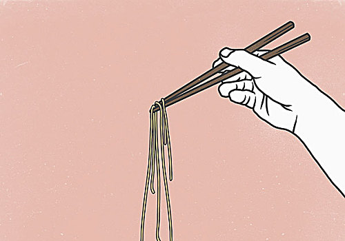 局部,图像,握着,面条,筷子,粉色背景