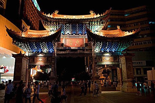中式建筑,光亮,夜晚,昆明,云南,中国