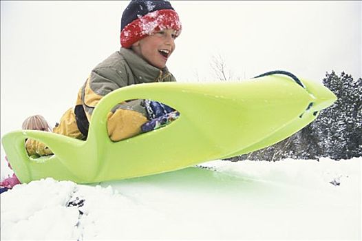 男孩,雪橇运动,科罗拉多,冬天