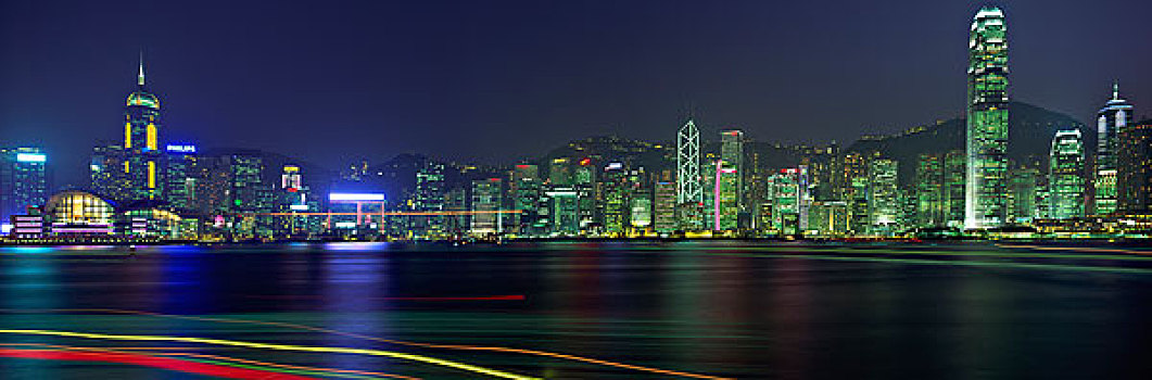 壮观,香港,天际线,小路,船,维多利亚港