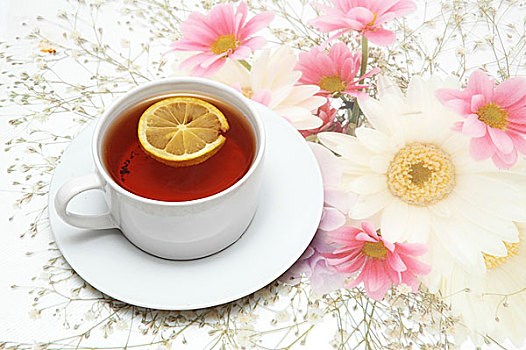 茶杯,柠檬,花,背景