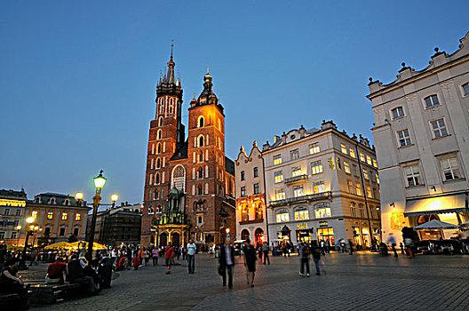哥特式,大教堂,教堂,独栋别墅,黃昏,市场,克拉科夫,克拉科,波兰,欧洲