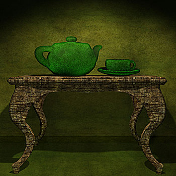 绿色,茶壶,杯子,桌子