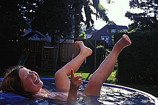 笑,小女孩,游泳池