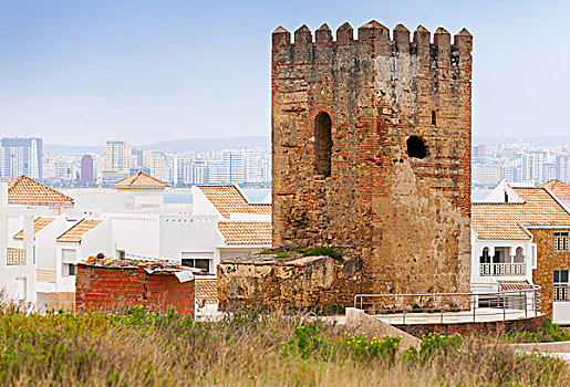 古老,砖,要塞,塔,丹吉尔,城镇,摩洛哥