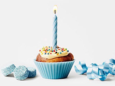 杯形蛋糕,一个,生日蜡烛,蓝色,糖果,带