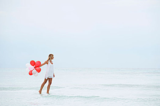 女人,水上行走,束,气球