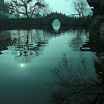 桥,水,倒影,月夜