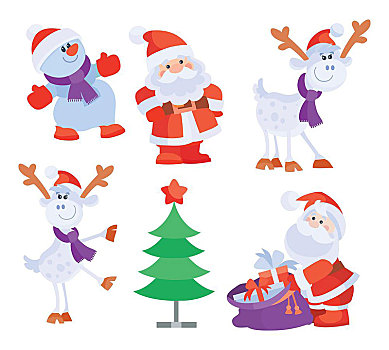 物体,创意,圣诞节,贺卡,新年,圣诞老人,礼盒,冷杉,鹿,雪人,球,海报,旗帜,设计,风格,矢量,插画