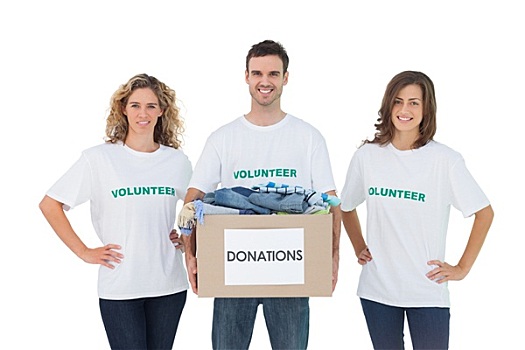 微笑,群体,志愿者,拿着,捐赠,盒子