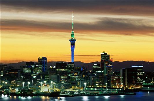 城市天际线,夜景,奥克兰,北岛,新西兰