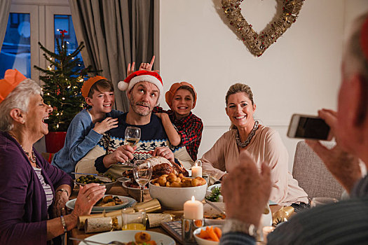 可笑,家庭,圣诞晚餐,照片