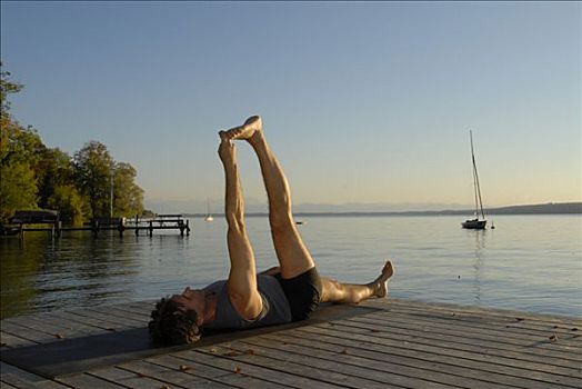 男人,瑜珈,木质,码头,湖