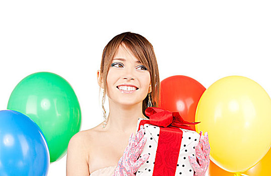 高兴,青少年,聚会,女孩,气球,礼盒