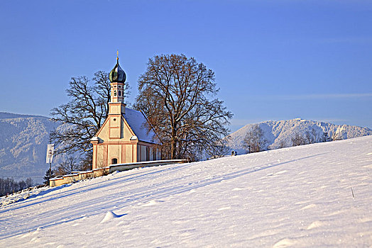 小教堂,湖,上巴伐利亚,巴伐利亚,德国