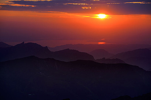 日落,俯视,阿尔卑斯山,康士坦茨湖,后面,山,提洛尔,奥地利,欧洲