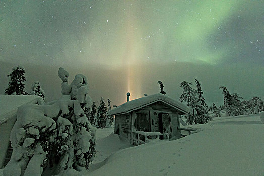北极光,木屋,遮盖,雪,国家公园,拉普兰,芬兰