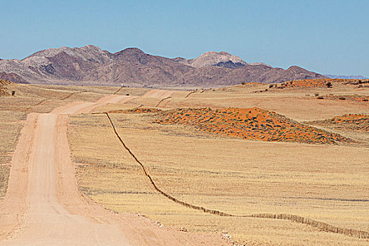 非洲,纳米比亚,纳米布沙漠,长,道路,围栏,沙漠,画廊