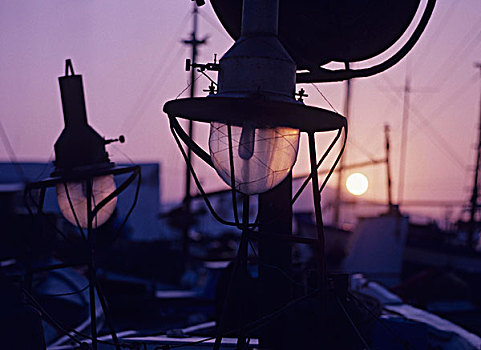 港口,帕罗斯岛,傍晚,灯,船,落日