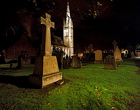 凯尔特,教堂,墓地,夜晚,尖顶,光亮,背景,因弗内斯,苏格兰