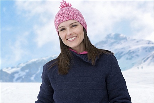 女人,穿,毛线帽,微笑,山,背景