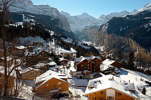 瑞士,滑雪,木制屋舍,文根,阿尔卑斯山,欧洲