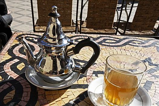 华丽,摩洛哥,茶壶,玻璃杯,镶嵌图案,桌子,街道,历史,马拉喀什,非洲