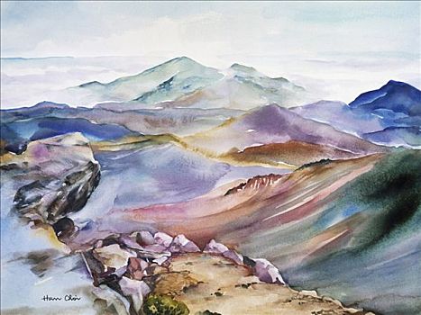 顶峰,山,风景,哈雷阿卡拉火山口,水彩画