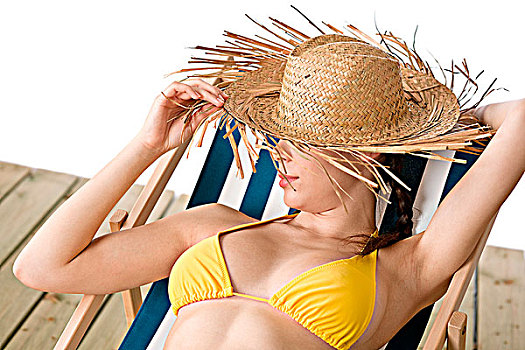 海滩,女人,草帽,黄色,比基尼,放松