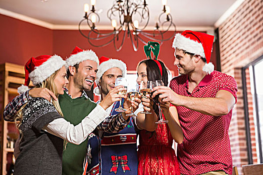 可爱,群体,朋友,祝酒,圣诞帽,酒吧