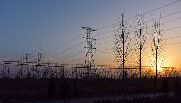 夕阳下的树林与电力设施