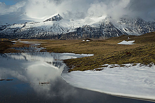 冰岛,湖,雪山,野外,云,反射,水,早春