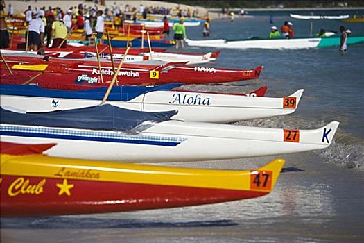 夏威夷,瓦胡岛,排列,彩色,舷外支架,独木舟,海岸线,比赛