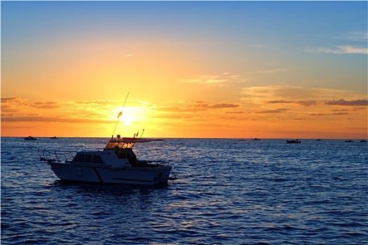 日出,渔船,蓝色海洋,橙色天空