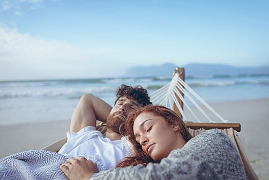 情侣,睡觉,吊床,海滩