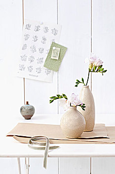 苍白,陶瓷,花瓶,小苍兰属植物,桌上