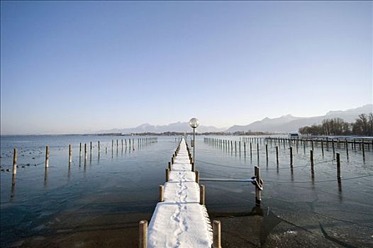 雪,栈桥,湖,基姆湖,巴伐利亚,德国