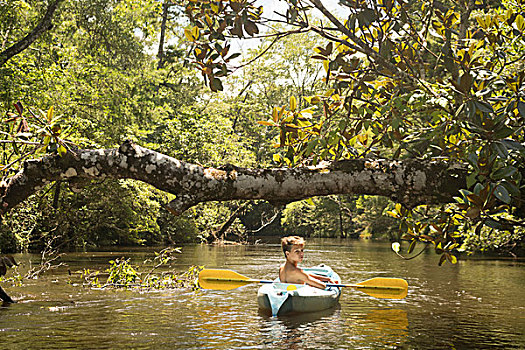 少男,皮筏艇,溪流,佛罗里达,美国
