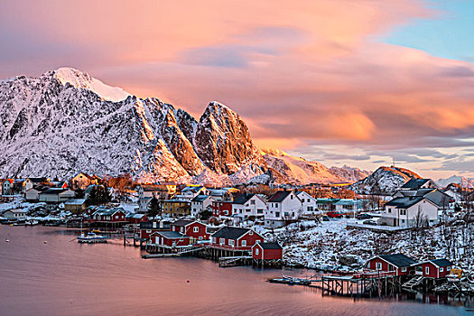 渔村,早晨,亮光,瑞恩,罗浮敦群岛,挪威,欧洲