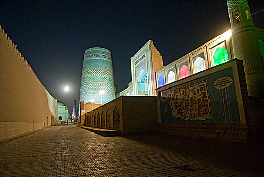 乌兹别克斯坦,希瓦,清真寺,闪电,要塞,夜晚